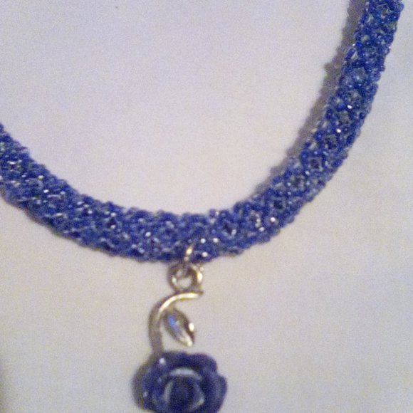 Hand Crafted  Blue Tubular beaded necklace with a blue Rose - Picture 3 of 5